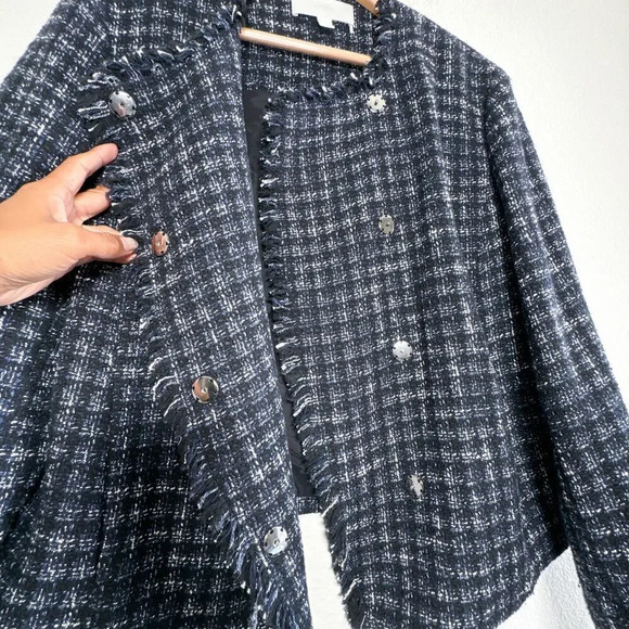 BOSS Jicara Tweed Blazer Jacket Fringe Blue White Black Womens US size 12 - Picture 6 of 15